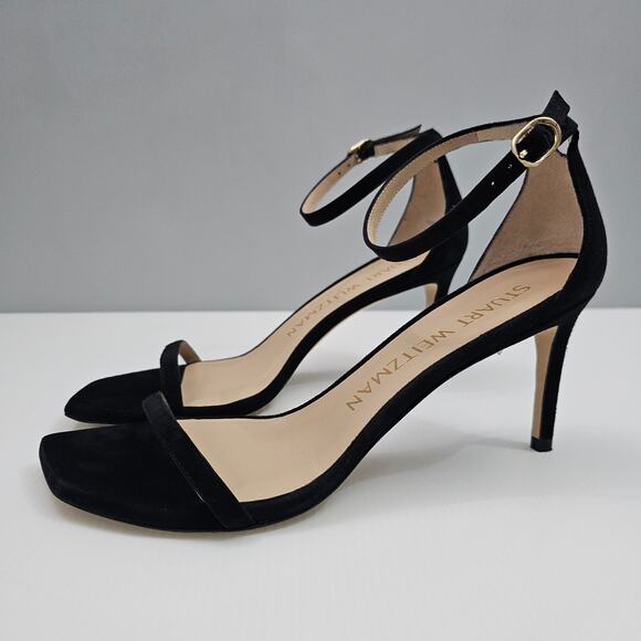 Stuart Weitzman Nudistcurve 75 Sandal Womens 8 Black Suede Strappy Heel Designer - Picture 1 of 14